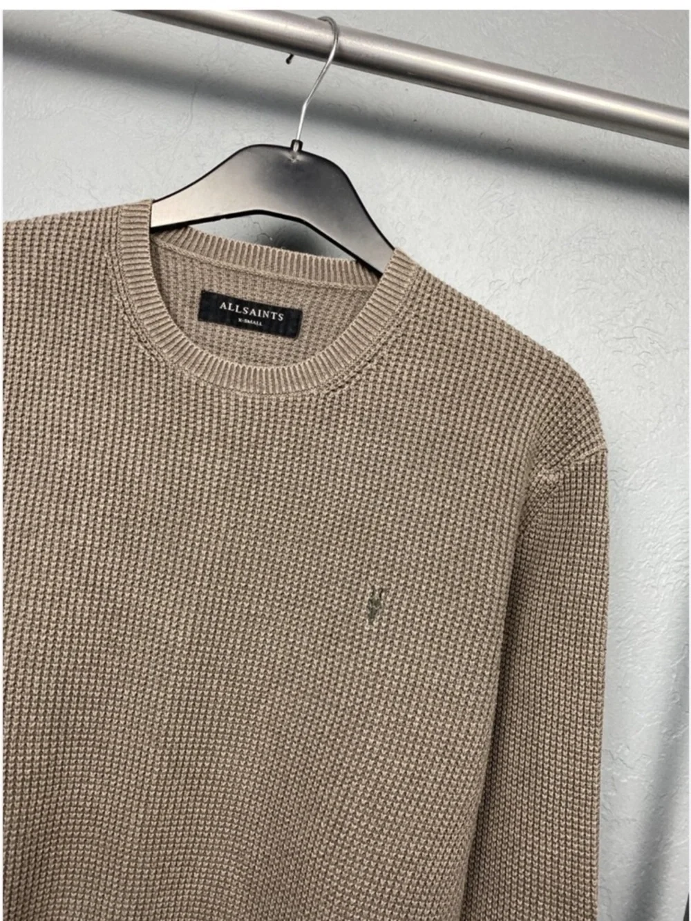 AllSaints Aspen Waffle Texture Crew Neck Ramskull Tan Sweater Size Small